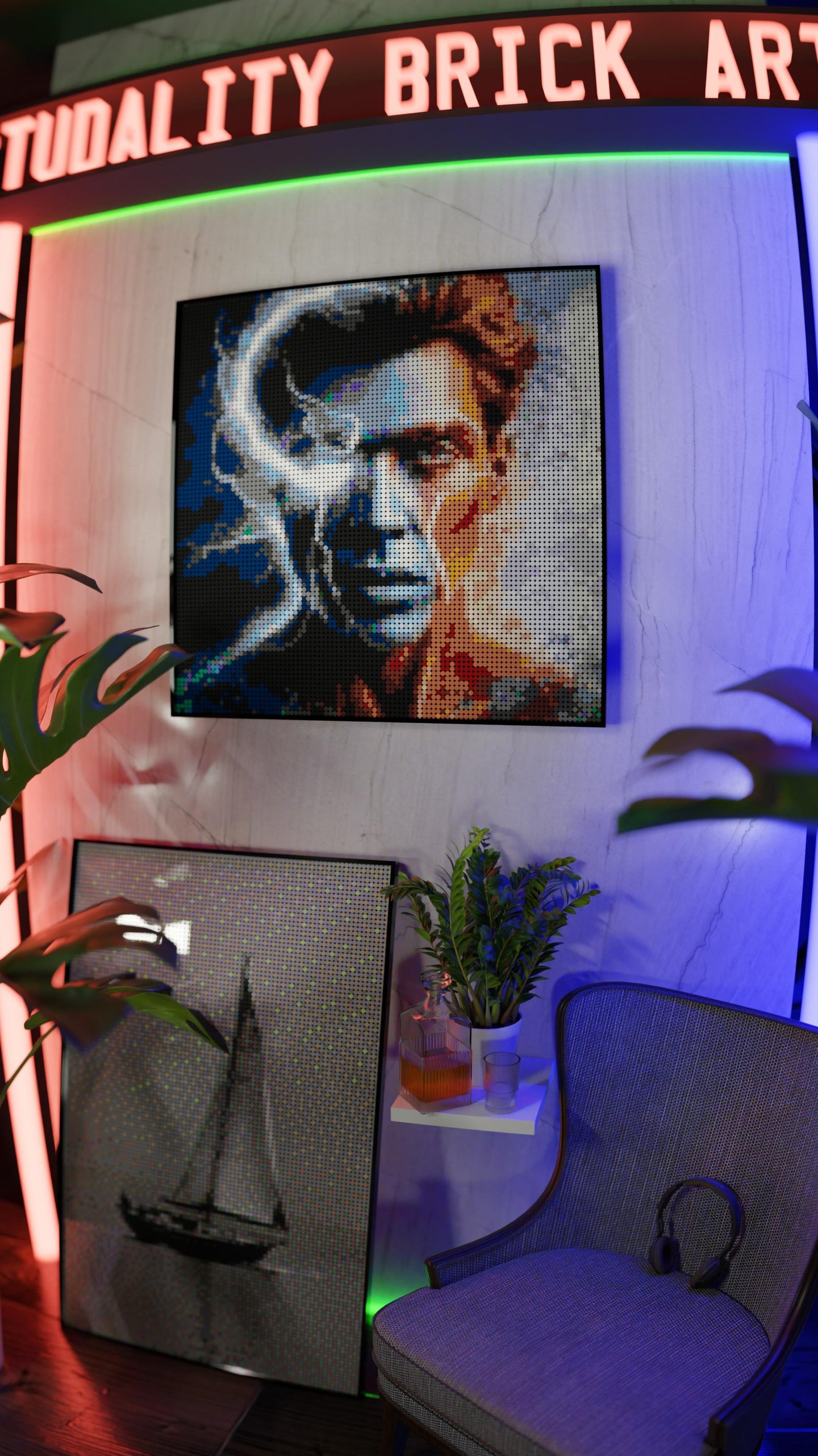 Johnny Omegabyte LEGO® Style mosaic wall art made from colorful plastic bricks